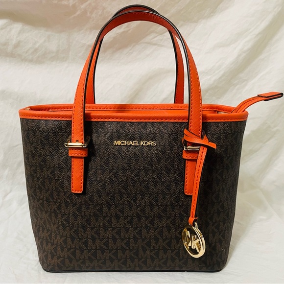 Michael Kors Dark Brown and Vibrant Orange Tote - Picture 1 of 8